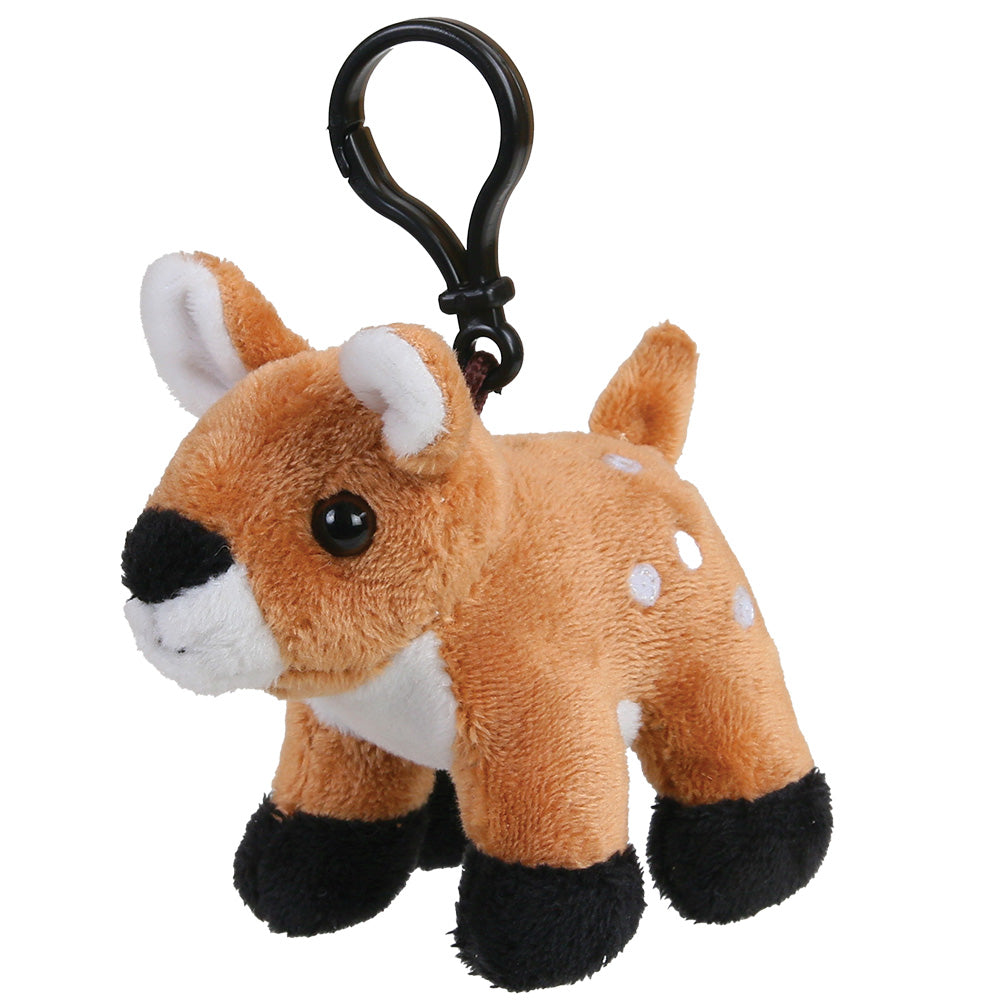 A small plush deer keychain with a black plastic carabiner clip, featuring brown fur with white spots, a white chest, and black hooves on a plain white background.