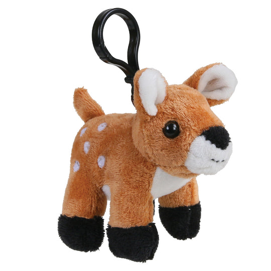 A plush toy deer keychain with a black plastic clip, featuring brown fur with white spots, a white muzzle and chest, and black hooves, shown on a plain white background.