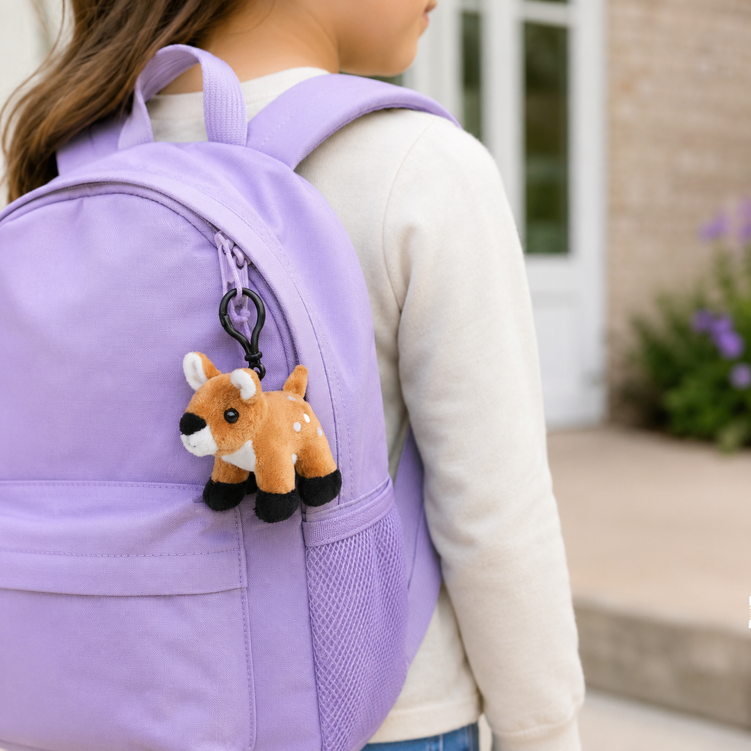 A child wearing a lavender purple backpack with a plush brown deer keychain attached to the side pocket, photographed outdoors in front of a house.