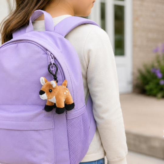 A child wearing a lavender purple backpack with a plush brown deer keychain attached to the side pocket, photographed outdoors in front of a house.