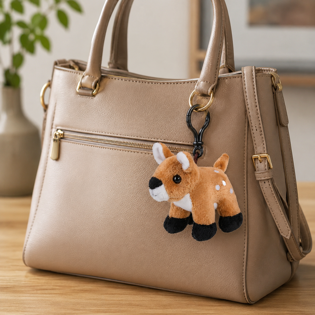 A beige faux-leather handbag with gold-tone hardware sits on a wooden surface, featuring a plush deer keychain charm with brown, white, and black fur attached near the zipper.