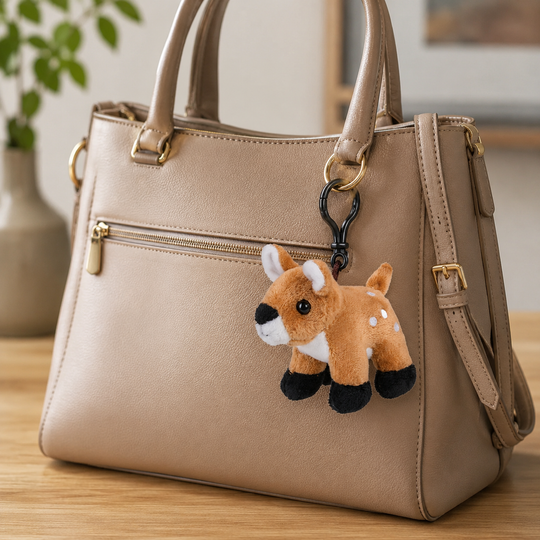 A beige faux-leather handbag with gold-tone hardware sits on a wooden surface, featuring a plush deer keychain charm with brown, white, and black fur attached near the zipper.