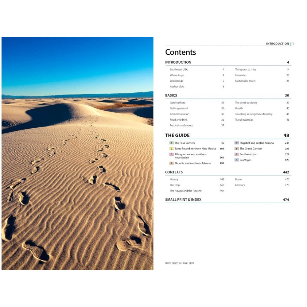 Table of contents with desert landscape and footprints on sand