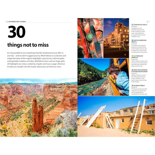Travel guide page with scenic images of desert landscapes and buildings.