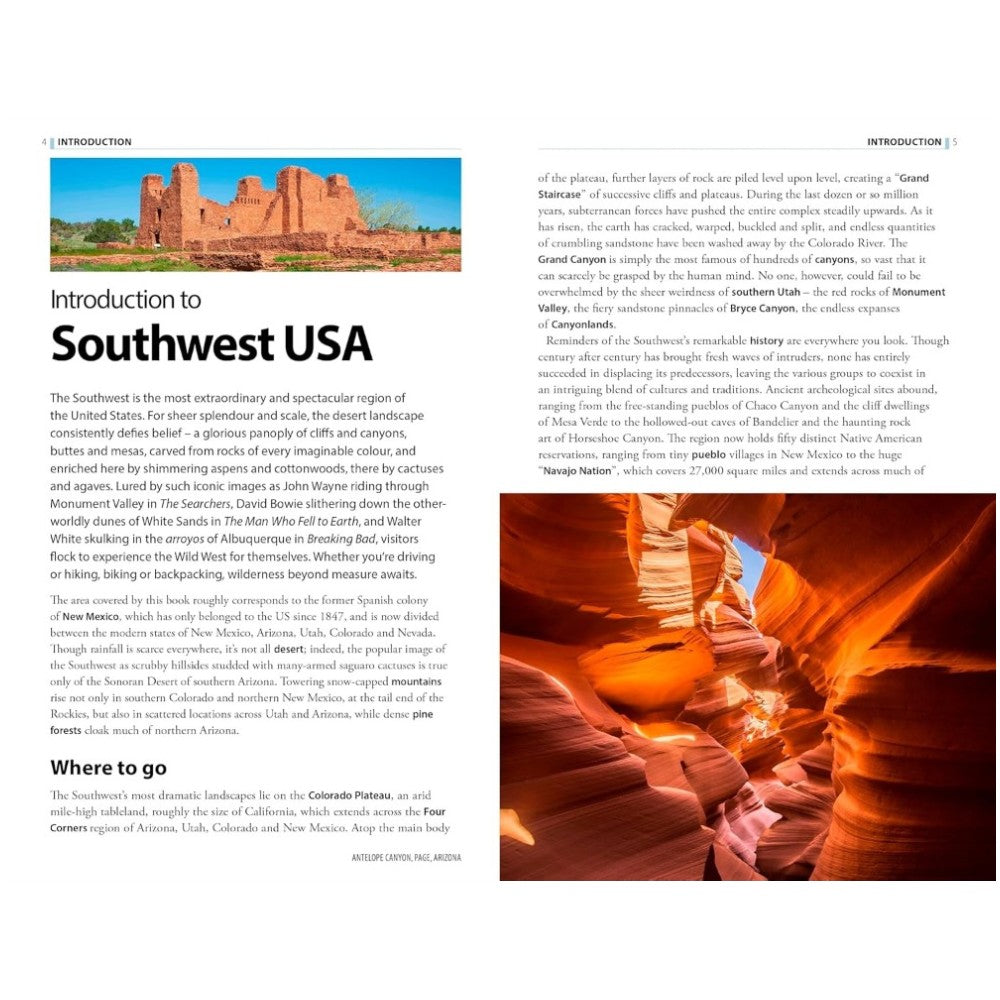 Page from a travel guidebook introducing Southwest USA with images of a ruin and a canyon.