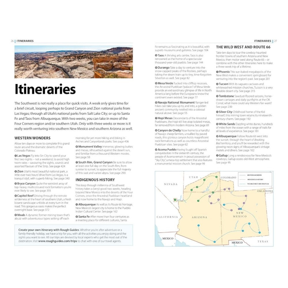 Page from a travel guidebook with itineraries and a map of the Southwest.