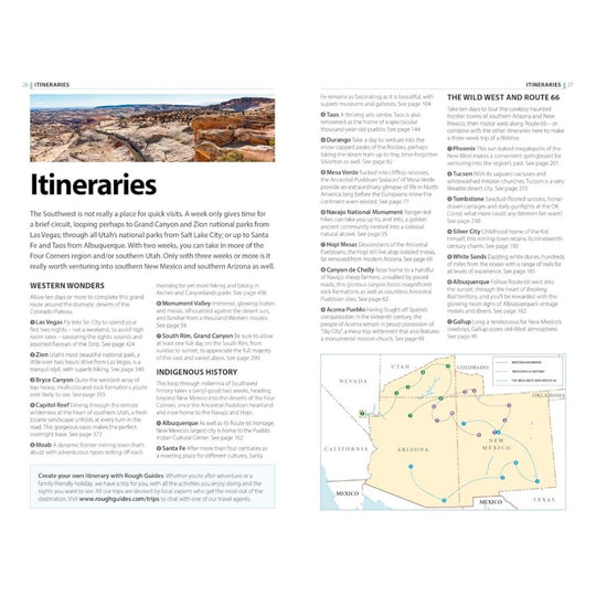 Page from a travel guidebook with itineraries and a map of the Southwest.