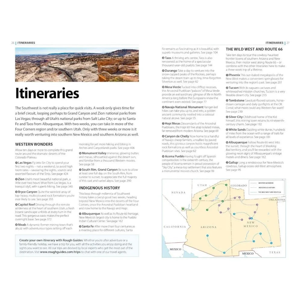 Page from a travel guidebook with itineraries and a map of the Southwest.