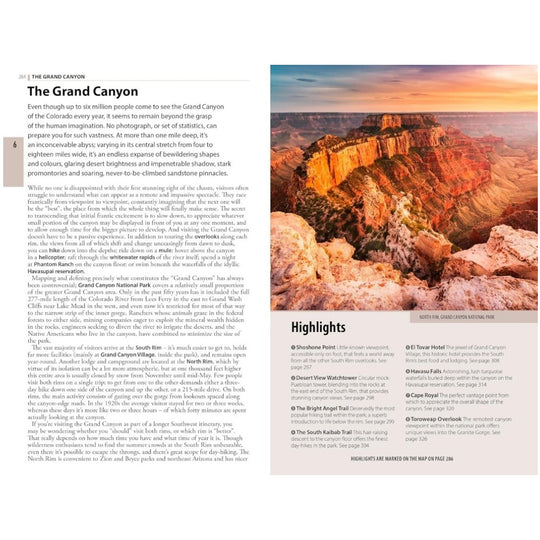 Page from a travel guidebook featuring the Grand Canyon with text and images.