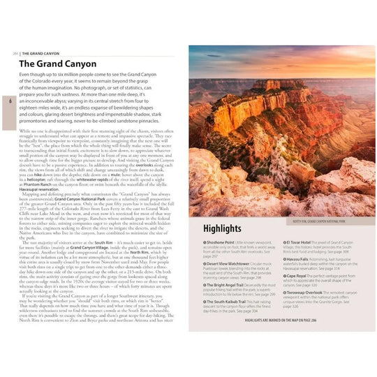 Page from a travel guidebook featuring the Grand Canyon with text and images.