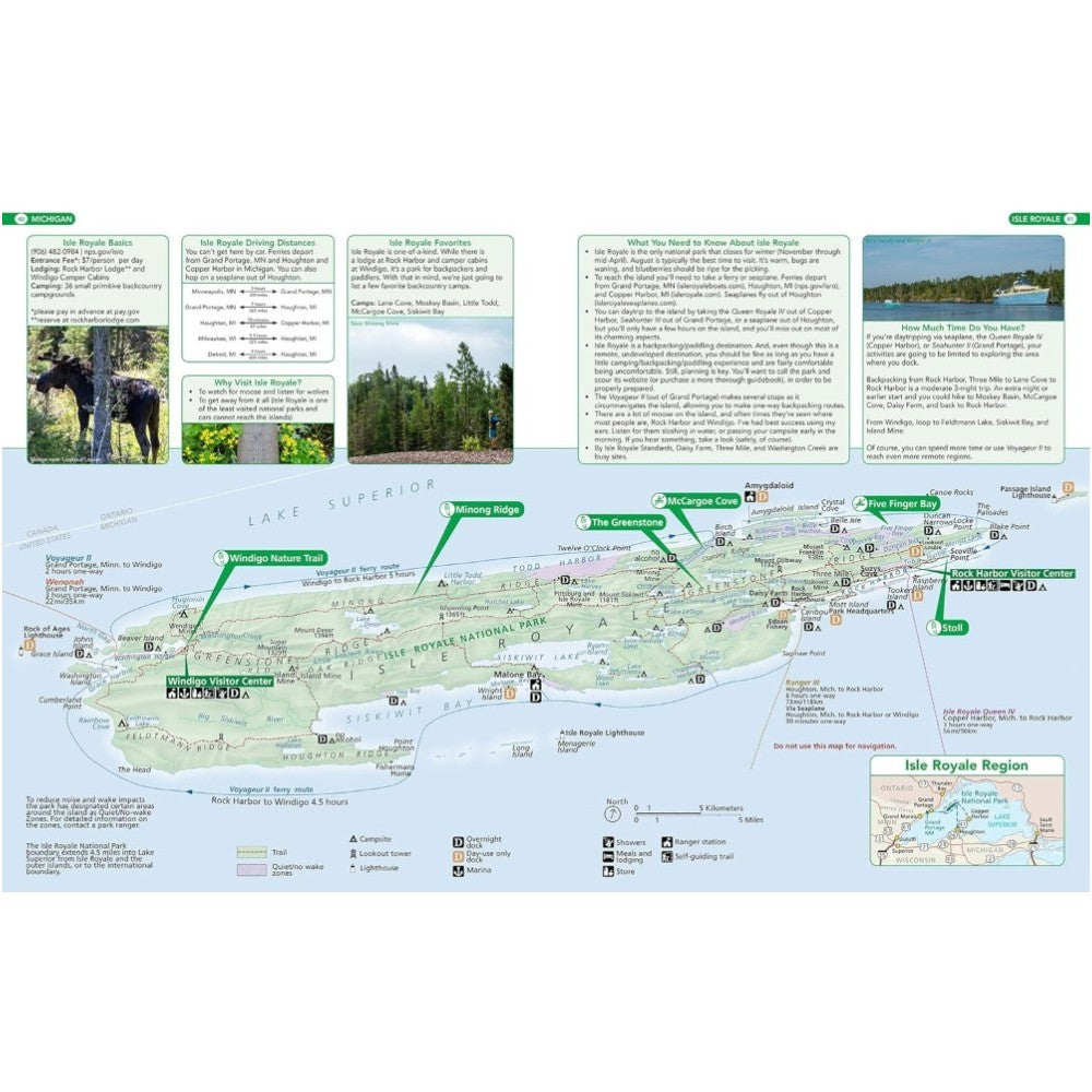 Map of Isle Royale National Park with various features and images on a white background