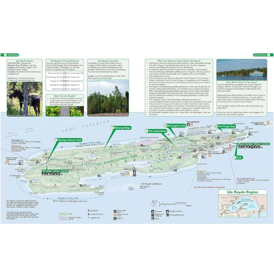 Map of Isle Royale National Park with various features and images on a white background