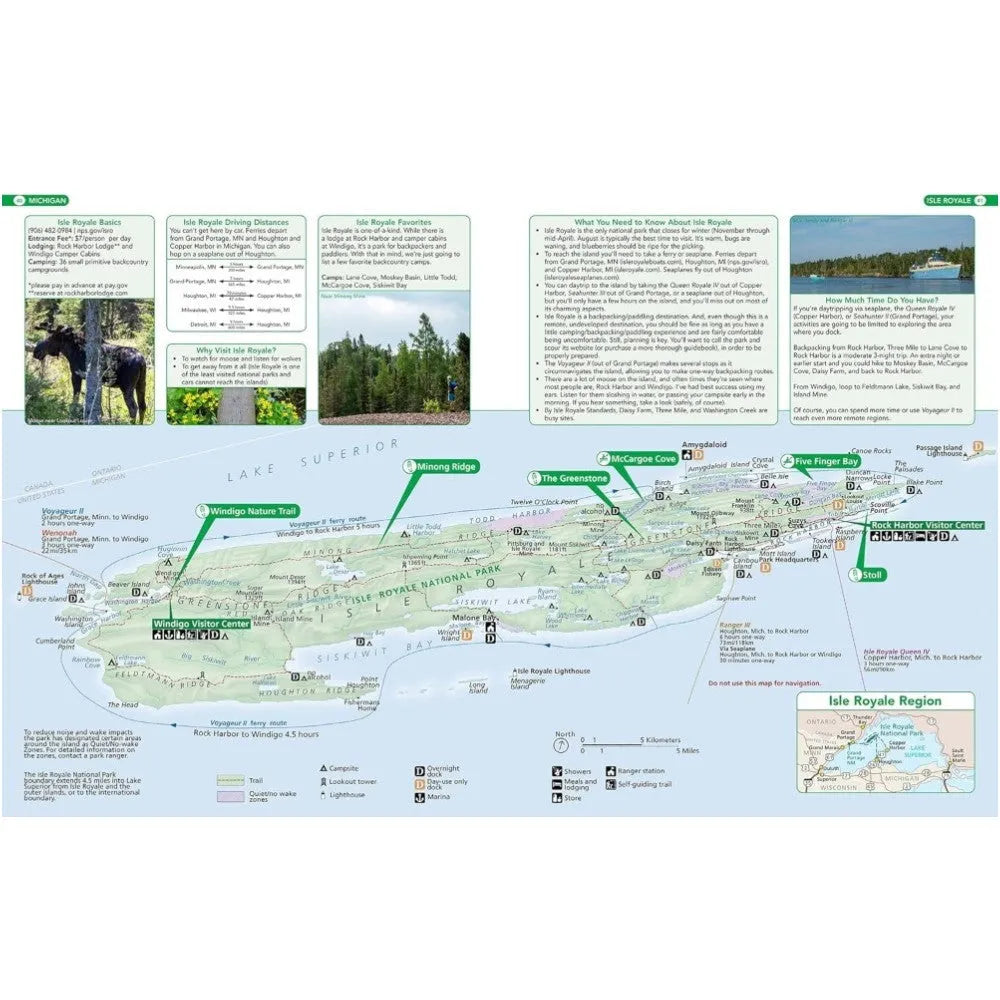Map of Isle Royale National Park with various features and images on a white background