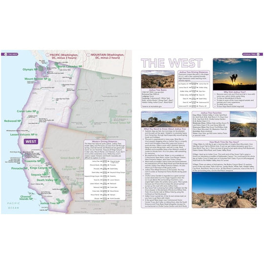 Map and travel guide of the West region with scenic images and text.