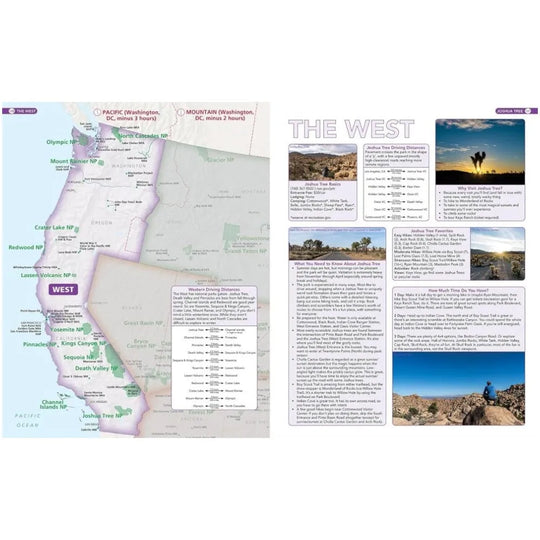 Map and travel guide of the West region with scenic images and text.