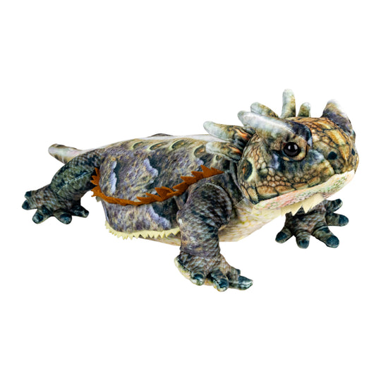 A highly detailed horned lizard plush toy, shown in a side profile against a solid white background.