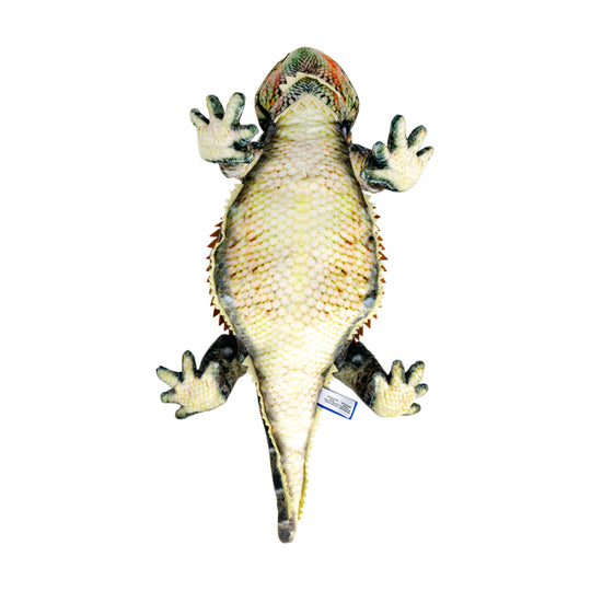A realistic plush toy or stuffed animal of a lizard, shown from a bottom-up view on a solid white background. The toy features textured scales in shades of beige, yellow, and green, with darker green accents on its limbs and head.