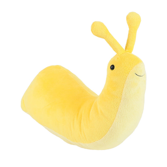 A yellow plush snail pillow with long antennae, a small black bead eye, and a stitched smiling mouth, shown on a plain white background.