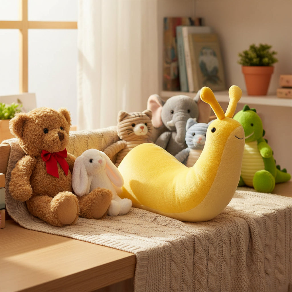 A yellow plush snail pillow with long antennae, a small black bead eye, and a stitched smiling mouth, shown on a table with other assorted stuffed animals