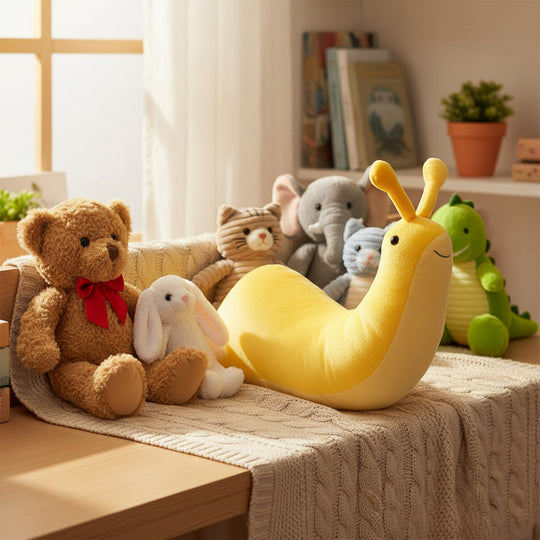 A yellow plush snail pillow with long antennae, a small black bead eye, and a stitched smiling mouth, shown on a table with other assorted stuffed animals