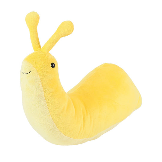 A yellow plush snail toy with two antennae, a small embroidered smile, and a black bead eye, shown on a plain white background.