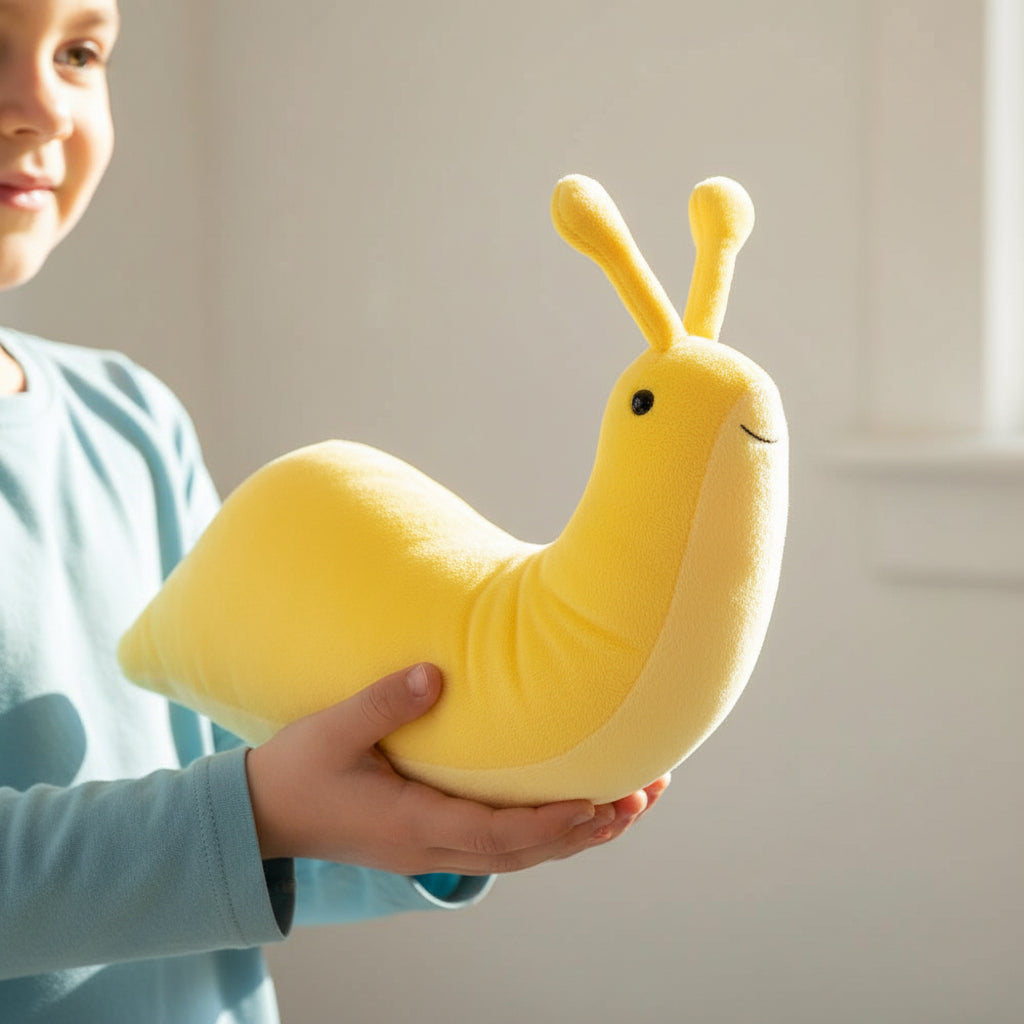 A yellow plush snail toy with two antennae, a small embroidered smile, and a black bead eye being held by a small child in a blue shirt