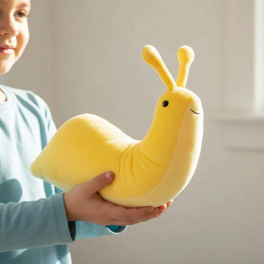 A yellow plush snail toy with two antennae, a small embroidered smile, and a black bead eye being held by a small child in a blue shirt