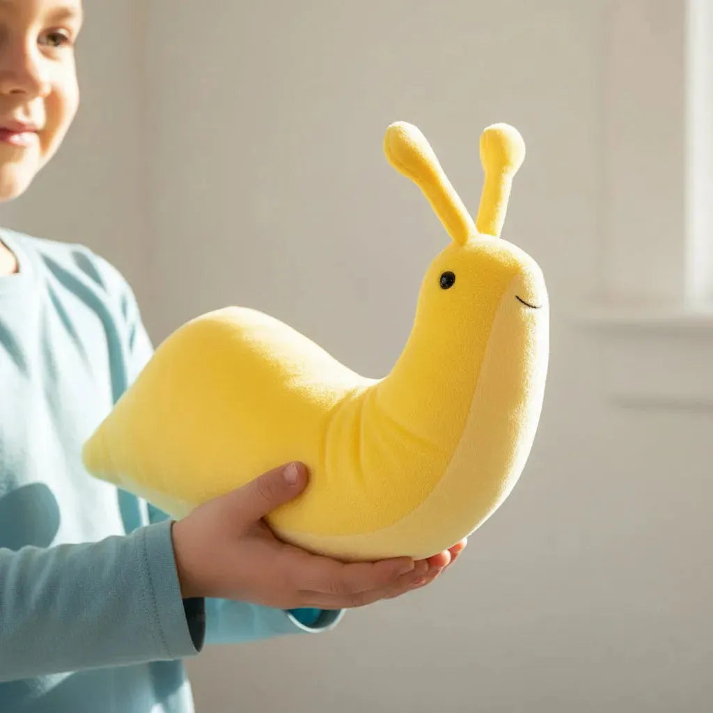 A yellow plush snail toy with two antennae, a small embroidered smile, and a black bead eye being held by a small child in a blue shirt