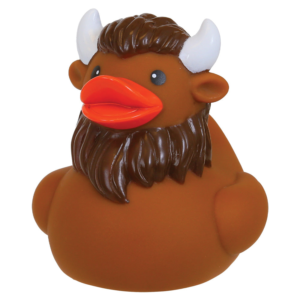 A brown rubber duck styled like a bison, featuring a dark brown beard, white horns, and a bright orange beak, isolated on a white background.