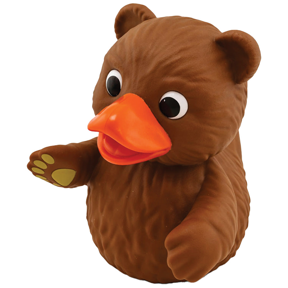 A grizzly bear-shaped rubber duck toy with a bright orange beak, large black-and-white eyes, and small yellow paw pads, shown on a plain white background.