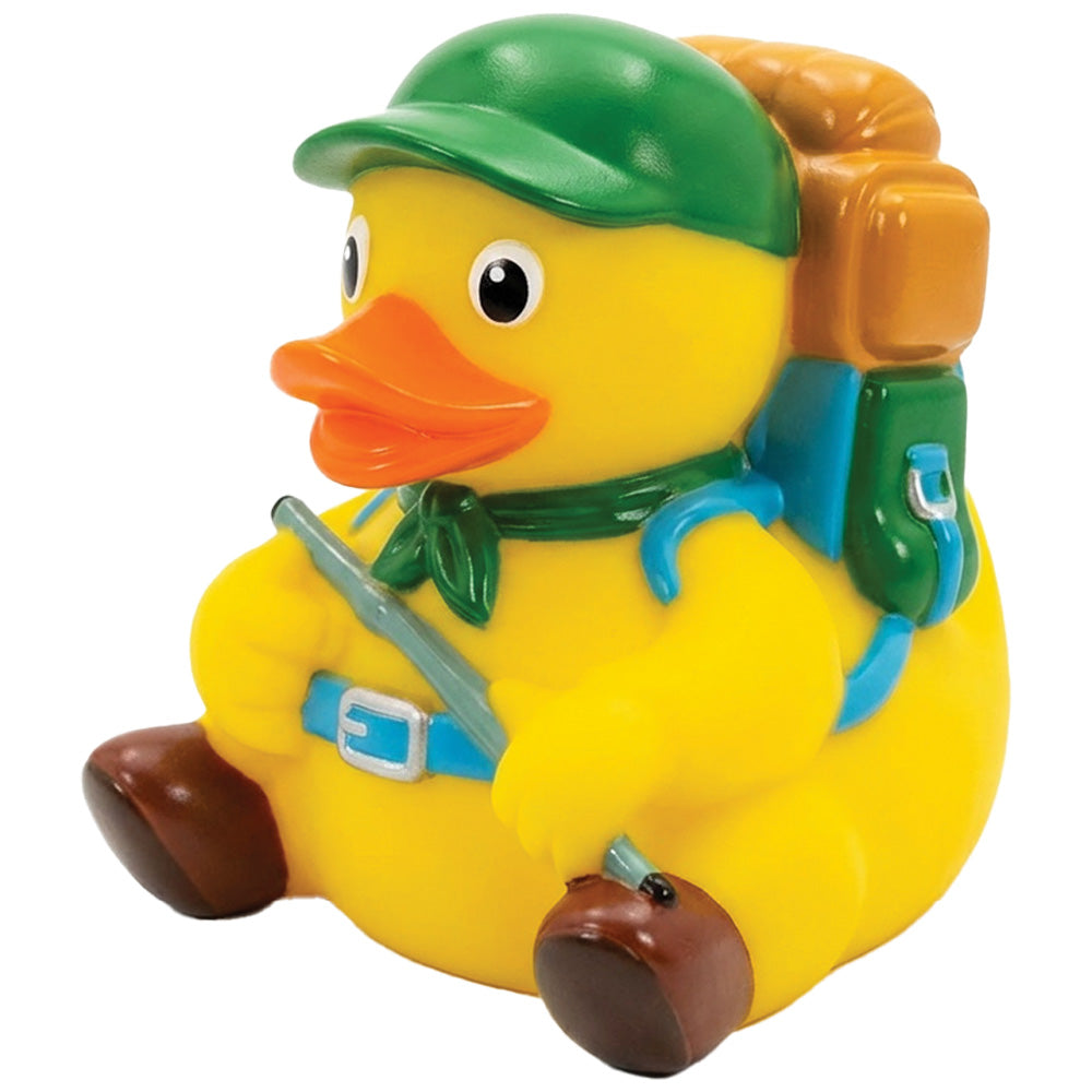 A yellow rubber duck styled as a backpacker, wearing a green cap, green neck scarf, blue harness, brown boots, and holding a green map.