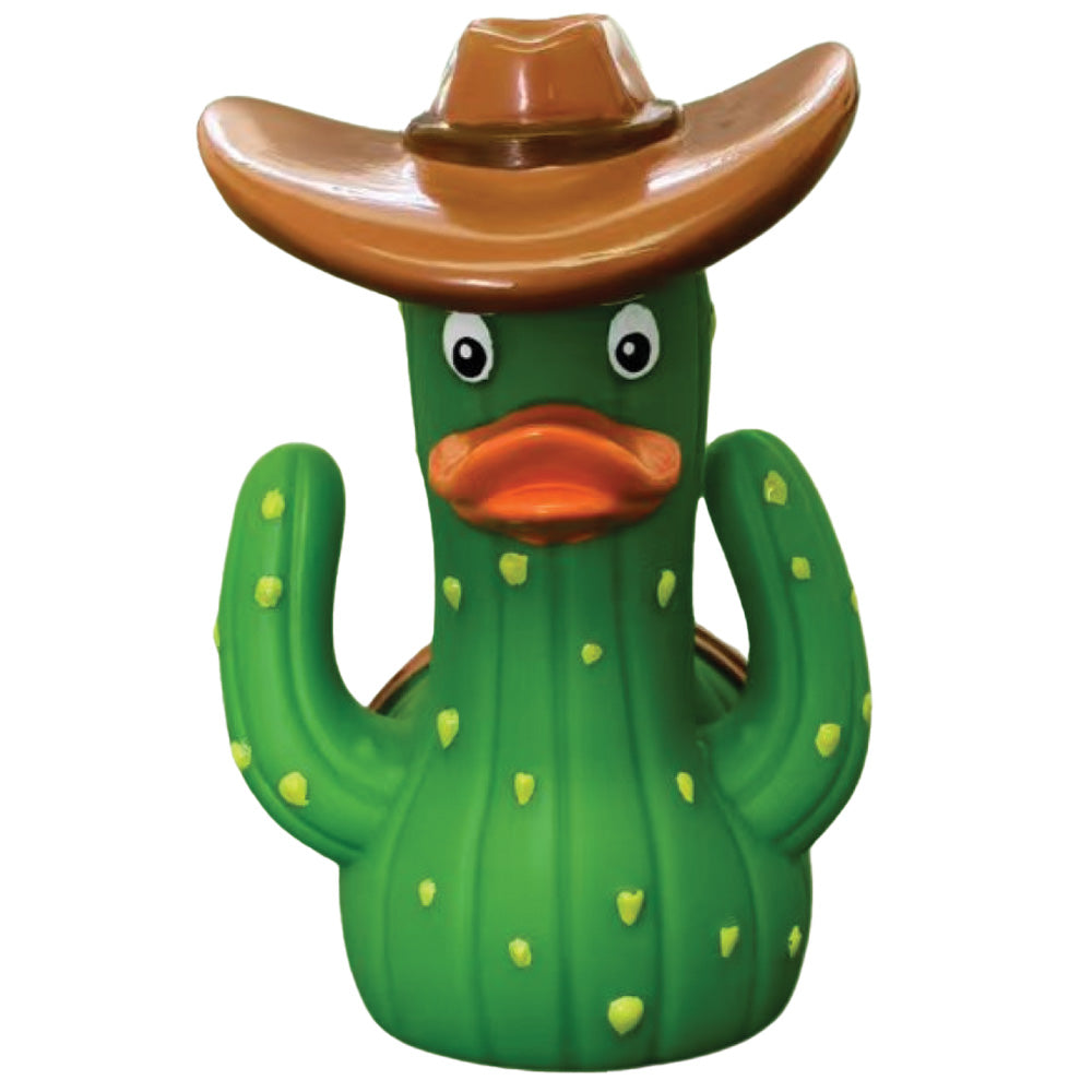 A green cactus-shaped duck toy wearing a brown cowboy hat, with a bright orange beak and small yellow spines, isolated on a white background.