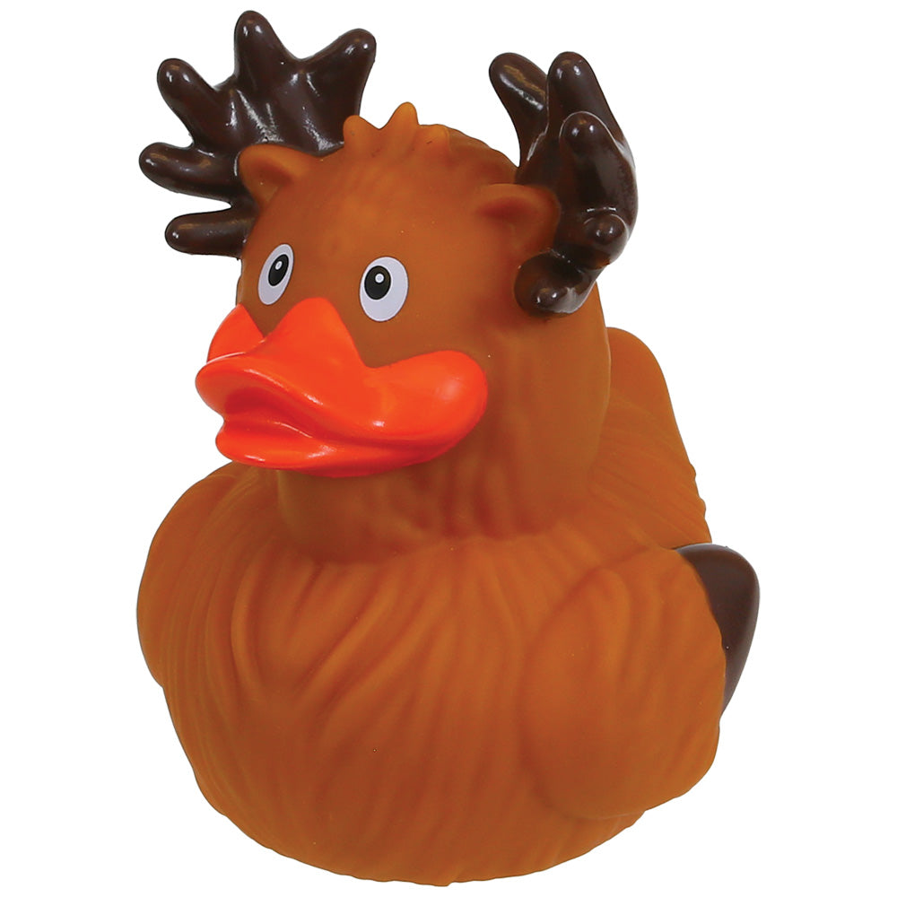 A novelty rubber duck toy shaped like a brown moose duck, featuring dark brown antlers, a bright orange beak, and cartoonish eyes, isolated on a white background.