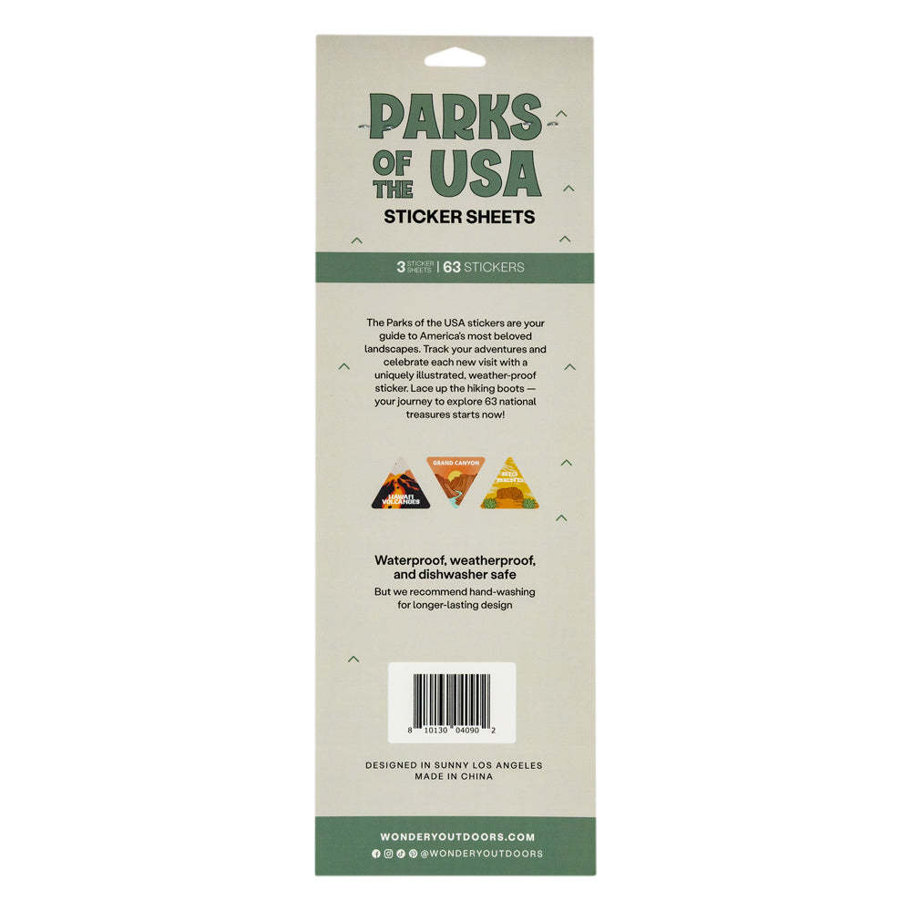 Back view of a package of Parks of the USA Sticker Sheets by Wondery Outdoors, showing the product details, barcode, and branding on a white background.