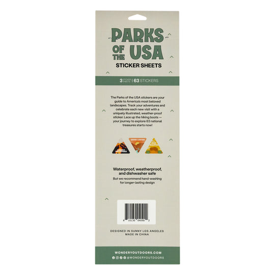 Back view of a package of Parks of the USA Sticker Sheets by Wondery Outdoors, showing the product details, barcode, and branding on a white background.