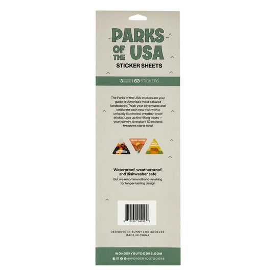 Back view of a package of Parks of the USA Sticker Sheets by Wondery Outdoors, showing the product details, barcode, and branding on a white background.