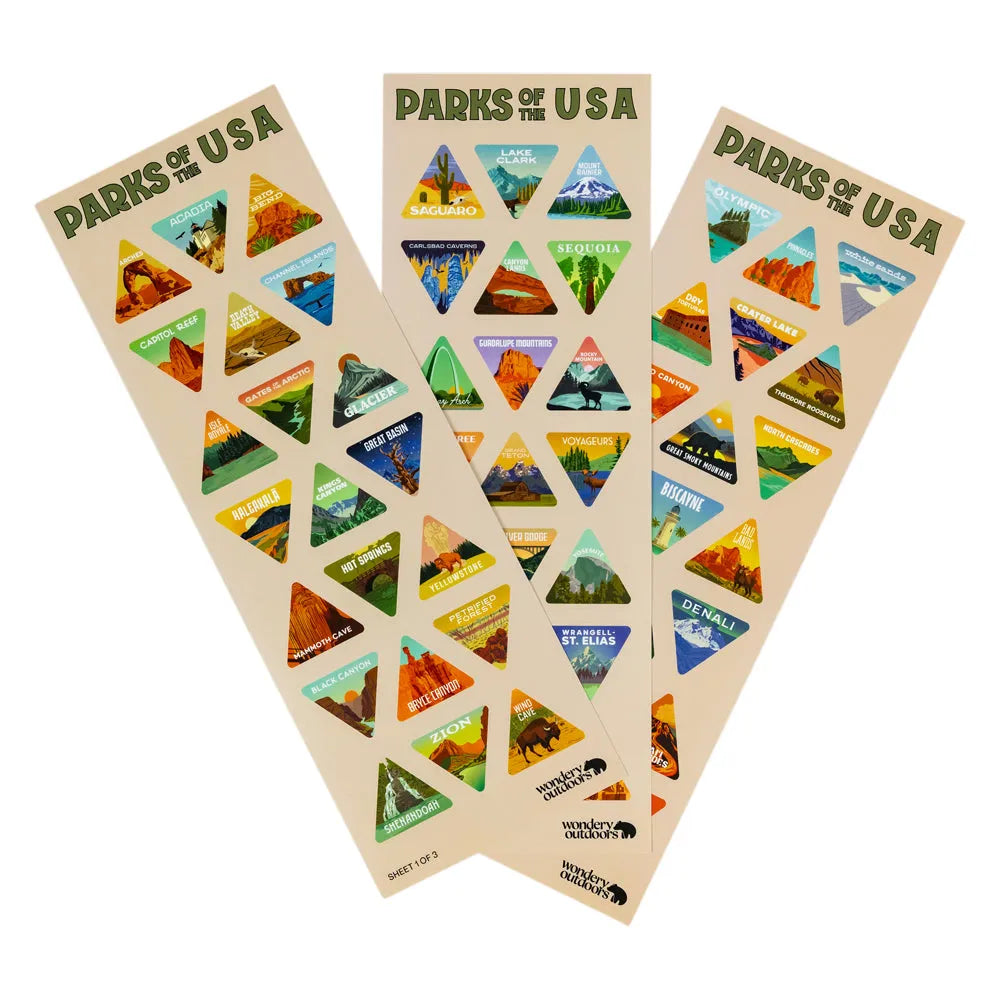 Three vertical sticker sheets titled "PARKS OF THE USA" arranged in a fan shape on a white background. Each sheet contains multiple colorful triangular stickers depicting different national parks with scenic illustrations and park names.