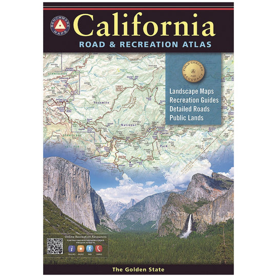 California Road &amp; Recreation Atlas cover featuring a map at the top, a blue information panel, and a scenic landscape photo of rugged peaks at the bottom.