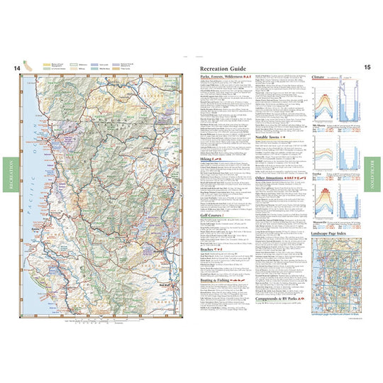 A two-page spread from a printed guidebook or map publication. The left page shows a detailed topographic-style map with roads, labels, and colored route lines.