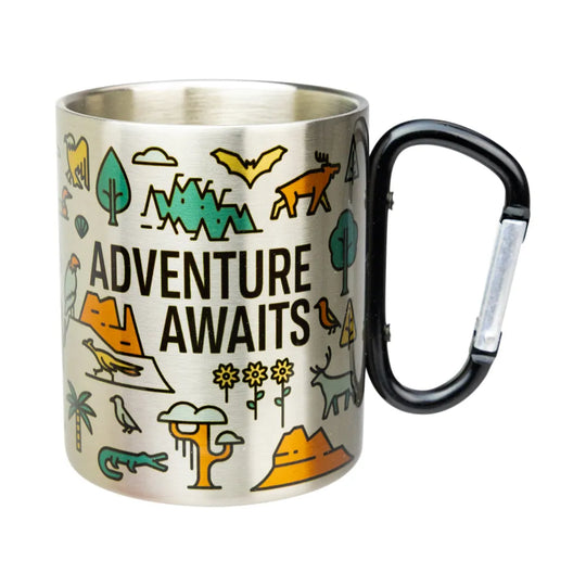 A stainless steel mug with a black carabiner-style handle and a printed multicolor nature-themed design featuring the words &