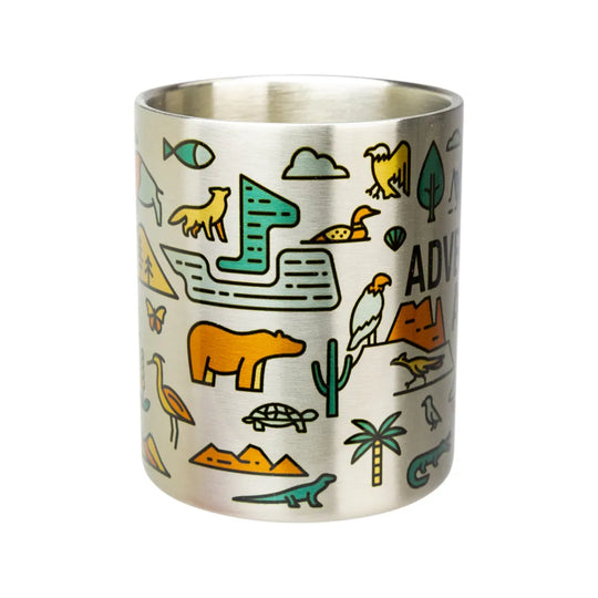 A stainless steel travel tumbler featuring a colorful safari-themed illustration with animals, plants, and the word &