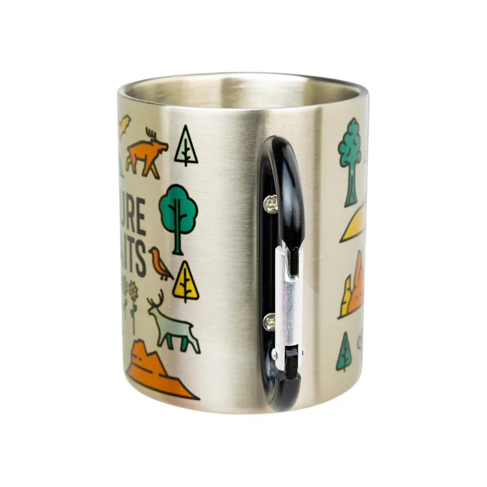 A brushed stainless steel mug with a black handle, decorated with colorful outdoor-themed illustrations including trees, a deer, a bird, and text.
