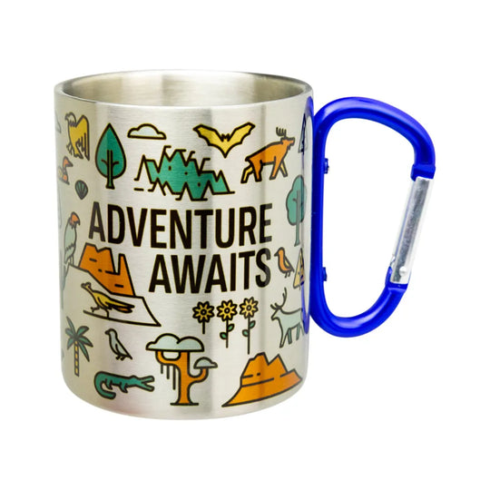 A stainless steel camping mug with a bright blue carabiner handle, featuring a colorful outdoor-themed illustration and the text &