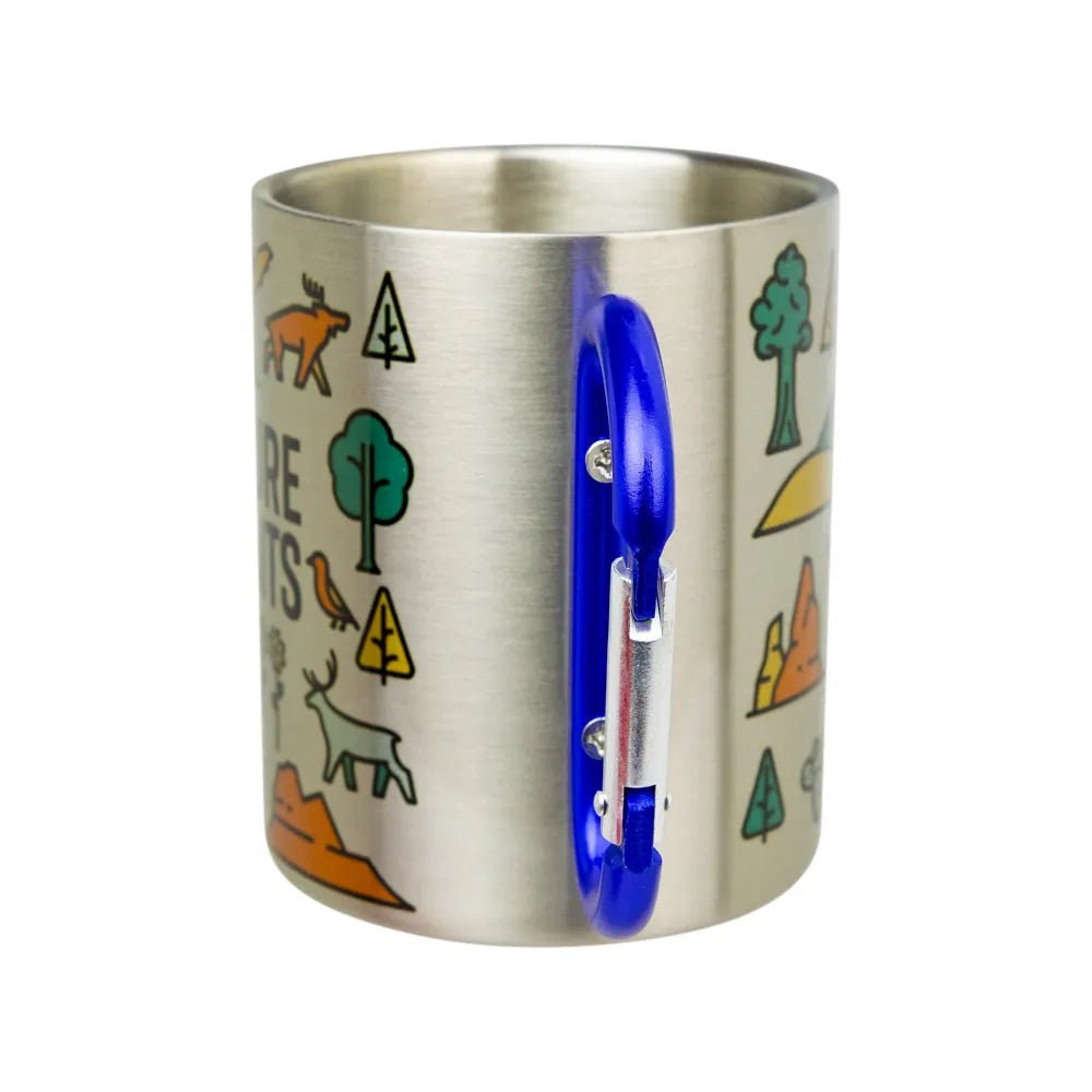 A stainless steel travel mug featuring a colorful outdoor-themed graphic print and a bright blue carabiner attached to the side, shown on a plain white background.