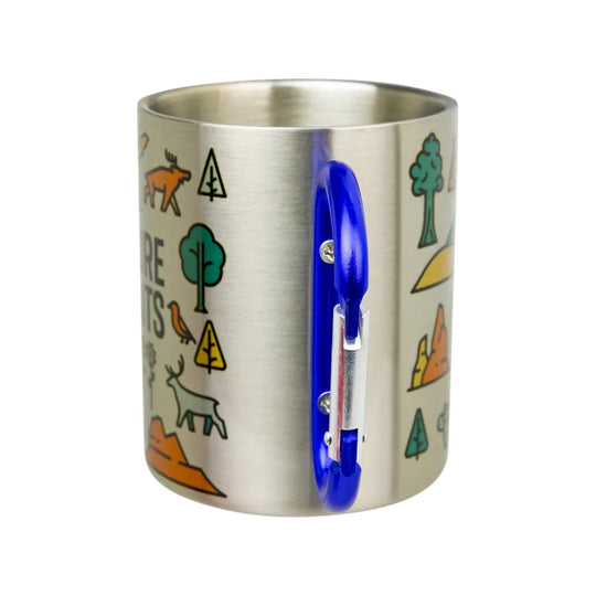 A stainless steel travel mug featuring a colorful outdoor-themed graphic print and a bright blue carabiner attached to the side, shown on a plain white background.