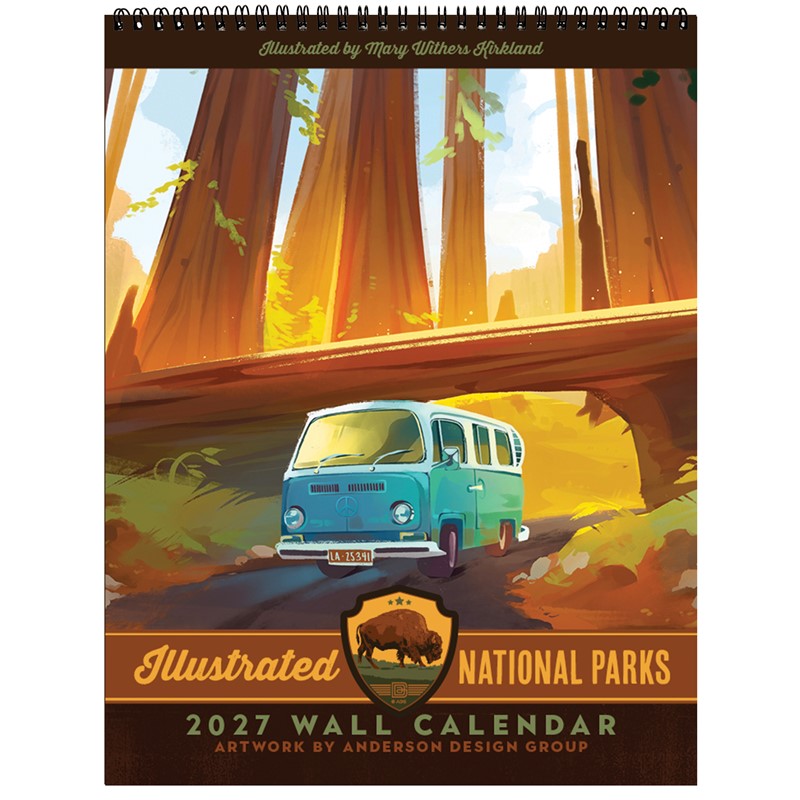 Illustrated National Parks 2027 Wall Calendar featuring a vintage turquoise van driving through a redwood forest under a bridge, with a bison emblem and title text at the bottom.