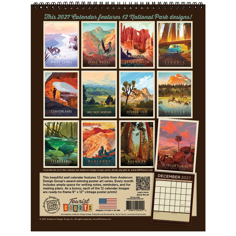 Back cover of a spiral-bound 2027 wall calendar featuring 12 National Park poster designs, with a December 2027 calendar page shown at the bottom right.