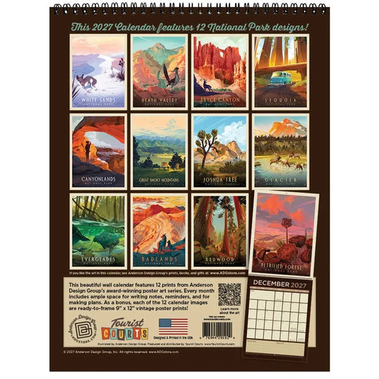 Back cover of a spiral-bound 2027 wall calendar featuring 12 National Park poster designs, with a December 2027 calendar page shown at the bottom right.