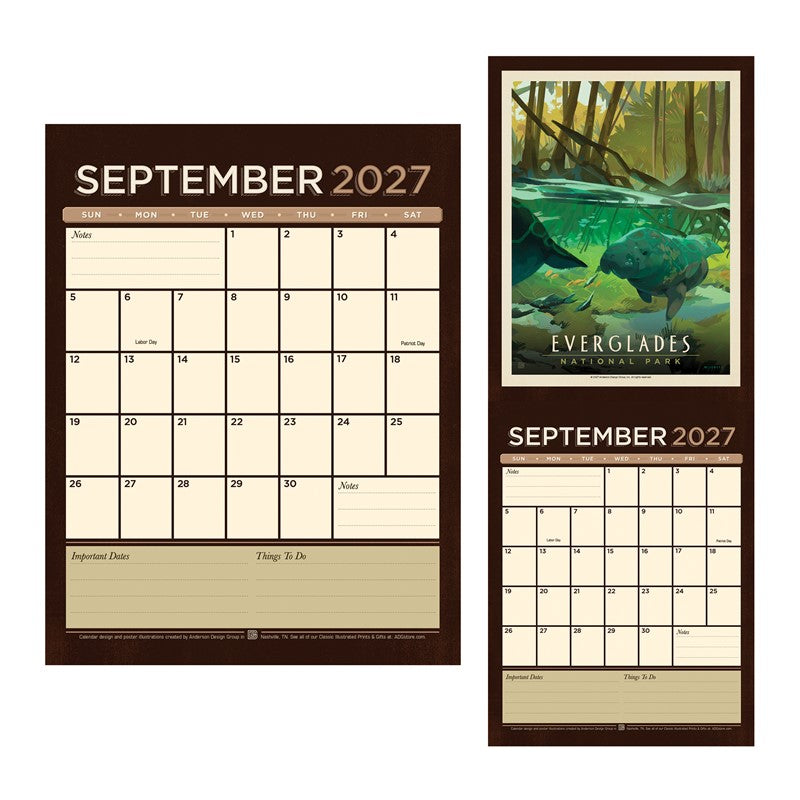 A September 2027 desk calendar shown from two angles: a full-page view on the left and a narrow vertical view on the right. The page has a dark brown border, cream date boxes, and a scenic Everglades National Park illustration on the right panel.