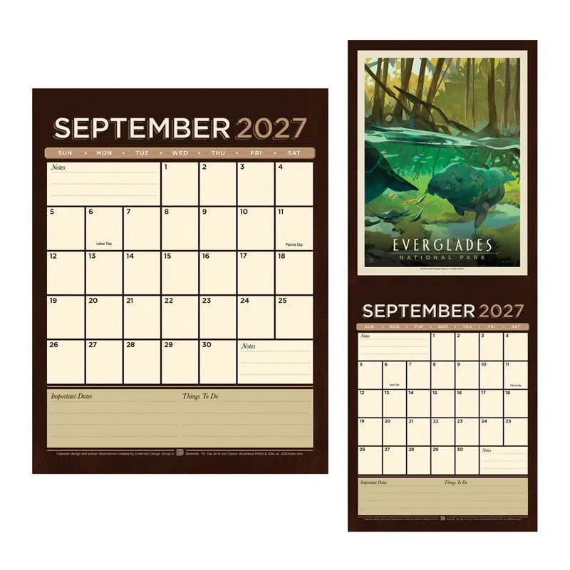 A September 2027 desk calendar shown from two angles: a full-page view on the left and a narrow vertical view on the right. The page has a dark brown border, cream date boxes, and a scenic Everglades National Park illustration on the right panel.